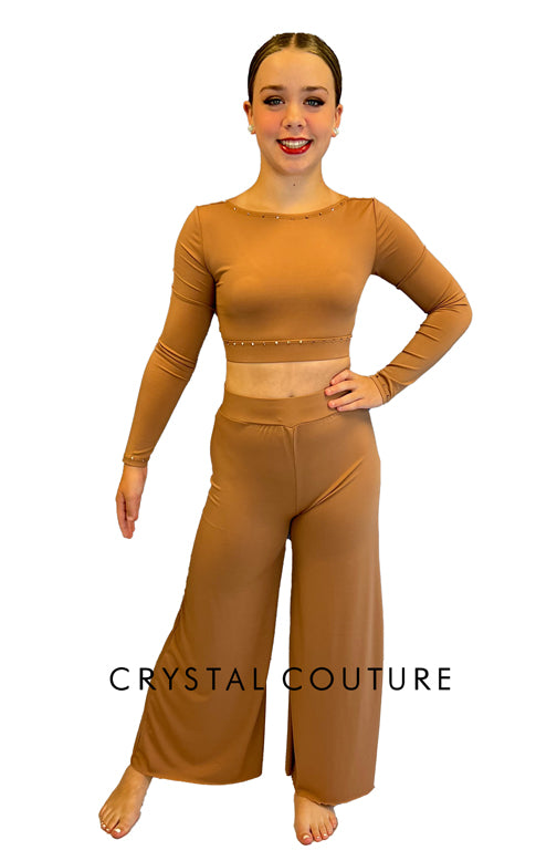 Brown Long Sleeve Top and Wide Leg Pant with Rhinestones
