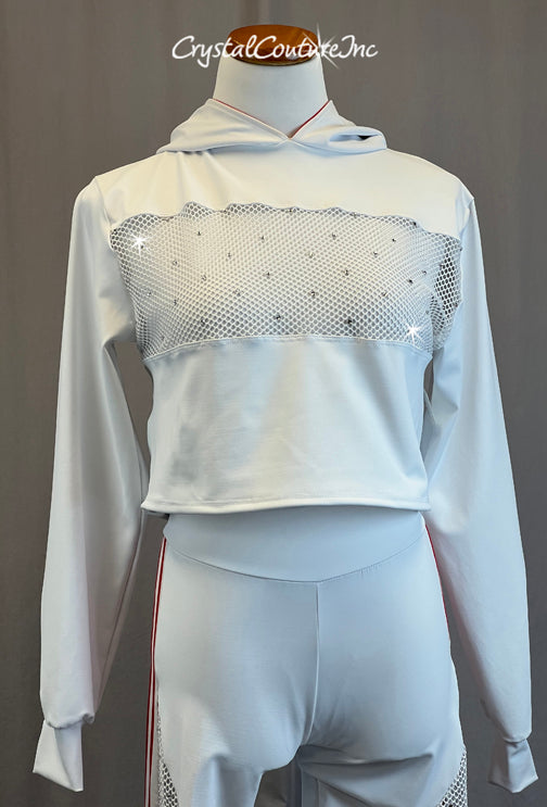 White and Red Hooded Track Suit with Netting - Rhinestones