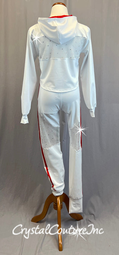 White and Red Hooded Track Suit with Netting - Rhinestones