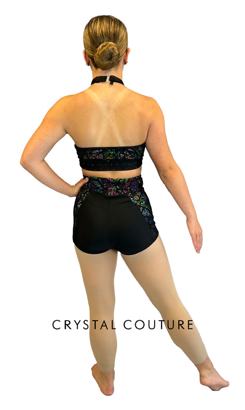Multicolor Neon Halter Top and Shorts with Black Mesh Overlay - Rhinestones