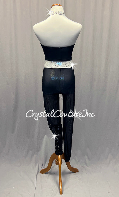 Black and Silver Halter Unitard with Mesh - Rhinestones