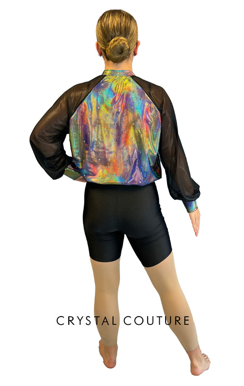 Black and Irridescent Bomber Jacket with Bike Shorts - Rhinestones