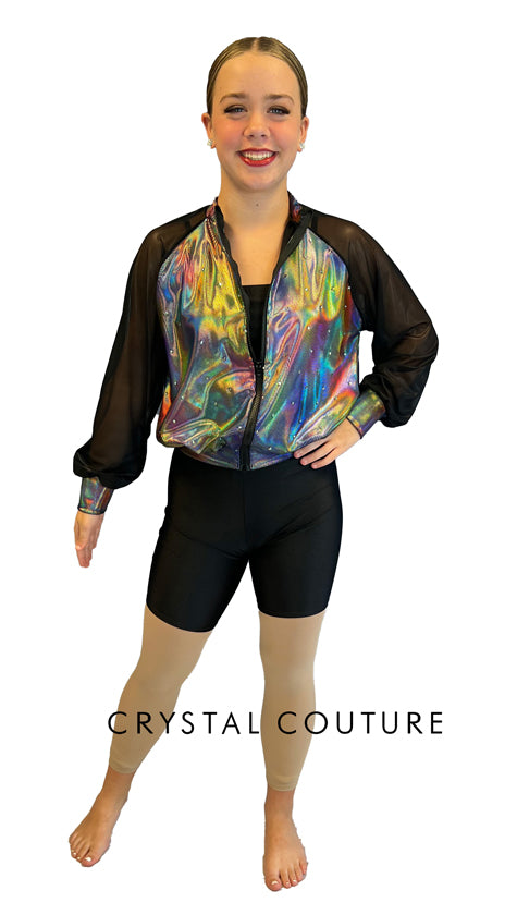 Black and Irridescent Bomber Jacket with Bike Shorts - Rhinestones