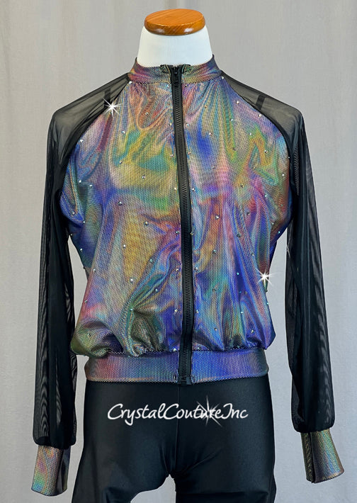 Black and Irridescent Bomber Jacket with Bike Shorts - Rhinestones