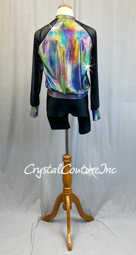 Black and Irridescent Bomber Jacket with Bike Shorts - Rhinestones