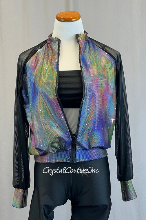 Black and Irridescent Bomber Jacket with Bike Shorts - Rhinestones
