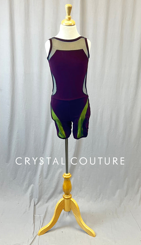 Plum Open Back Biketard with Neon Yellow Details