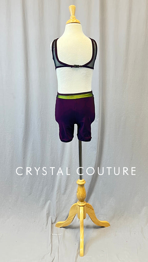 Plum Open Back Biketard with Neon Yellow Details