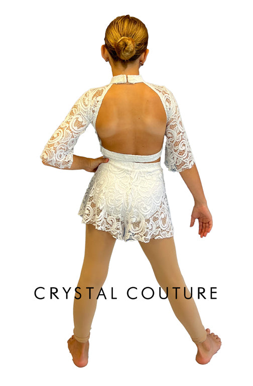 White Lace Mock Neck with Flutter Sleeves and Lace Shorts