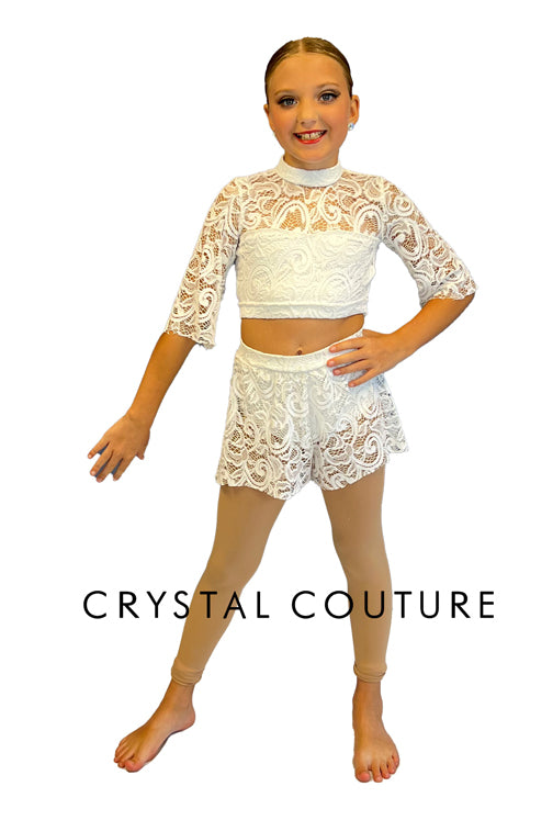 White Lace Mock Neck with Flutter Sleeves and Lace Shorts