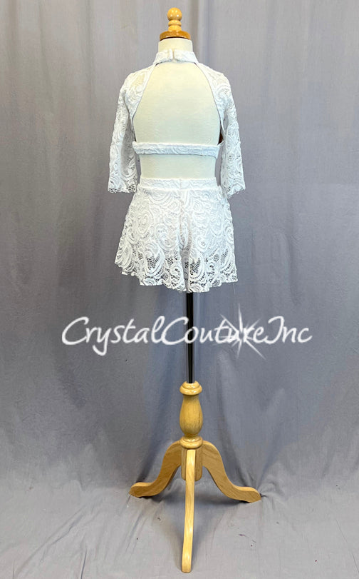 White Lace Mock Neck with Flutter Sleeves and Lace Shorts