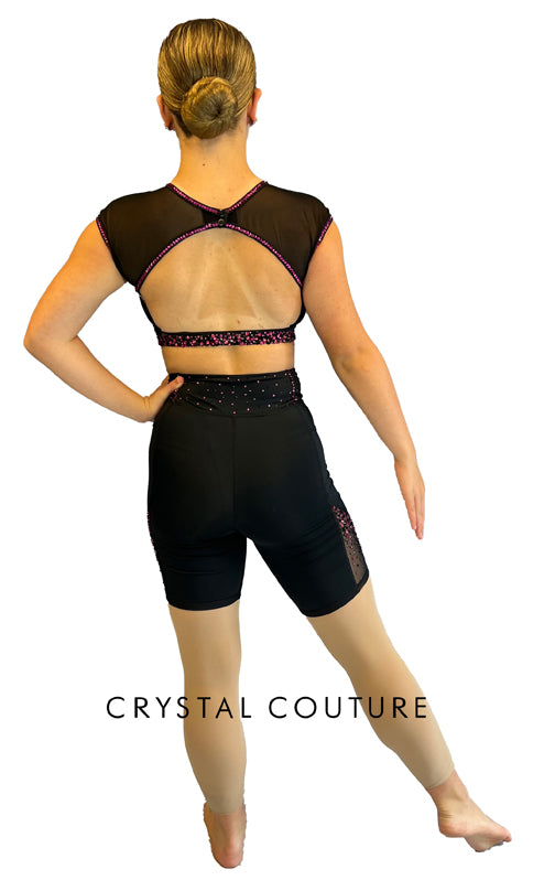 Black and Pink Mesh Cap Sleeve Top with Biker Shorts - Rhinestones