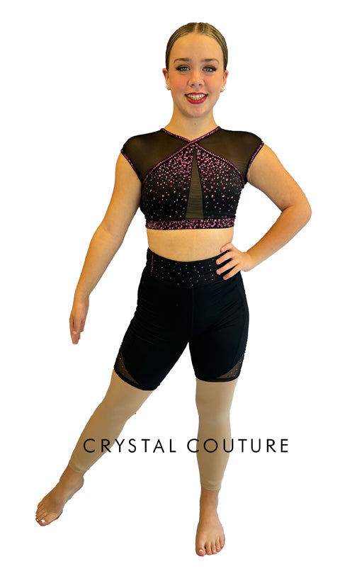 Black and Pink Mesh Cap Sleeve Top with Biker Shorts - Rhinestones
