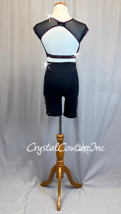 Black and Pink Mesh Cap Sleeve Top with Biker Shorts - Rhinestones