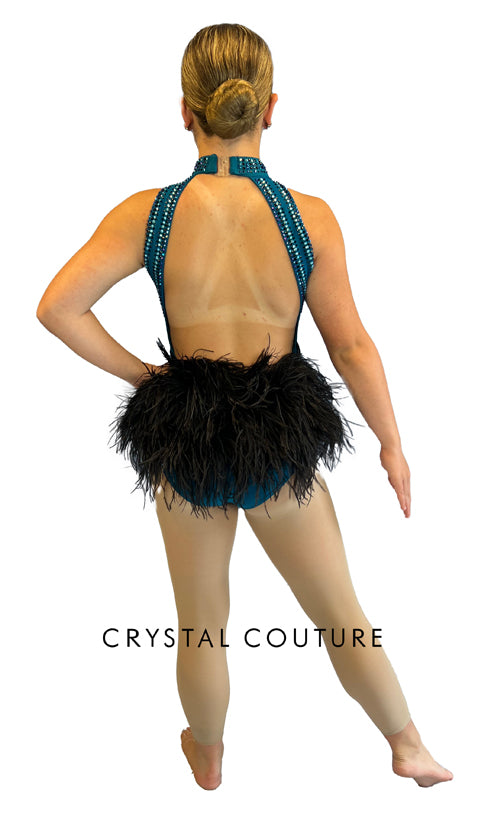 Teal Connected Two Piece with Black Feather Bustle - Rhinestones and Appliques