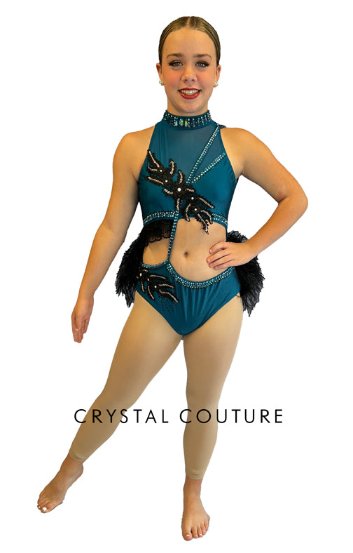 Teal Connected Two Piece with Black Feather Bustle - Rhinestones and Appliques