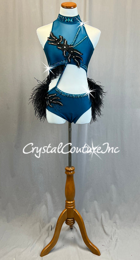 Teal Connected Two Piece with Black Feather Bustle - Rhinestones and Appliques