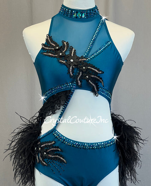 Teal Connected Two Piece with Black Feather Bustle - Rhinestones and Appliques