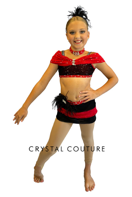 Custom Black & Red Off Shoulder Top with Tiered Ruffle Skirt - Rhinestones