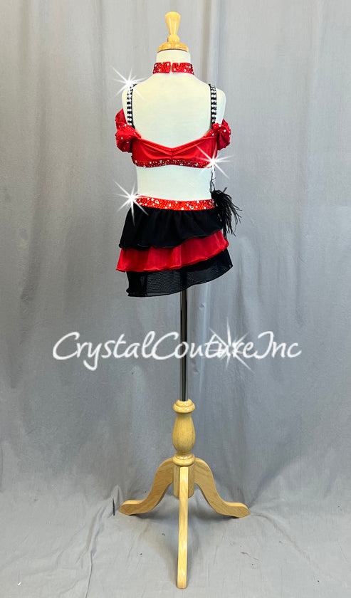 Custom Black & Red Off Shoulder Top with Tiered Ruffle Skirt - Rhinestones