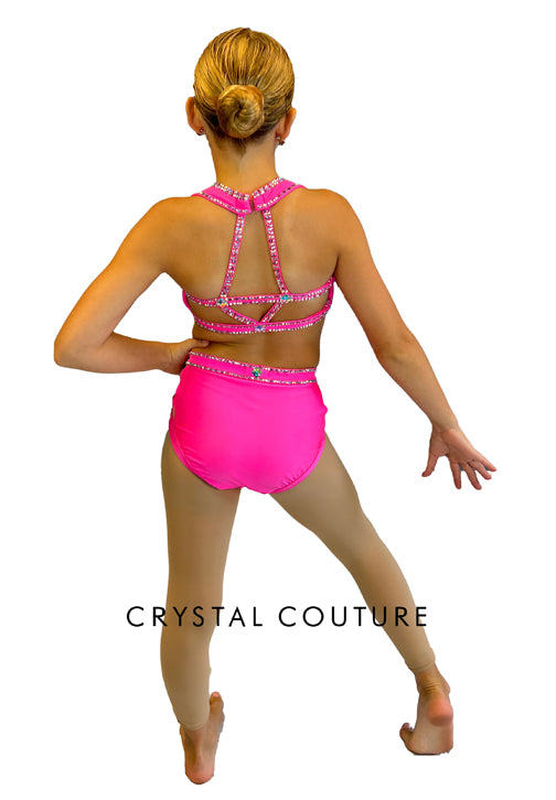 Custom Bright Pink Halter Two Piece with Strappy Back - Rhinestones