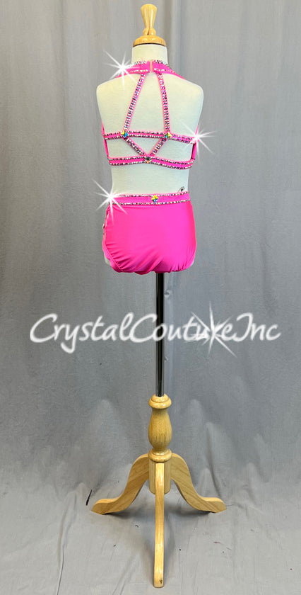 Custom Bright Pink Halter Two Piece with Strappy Back - Rhinestones