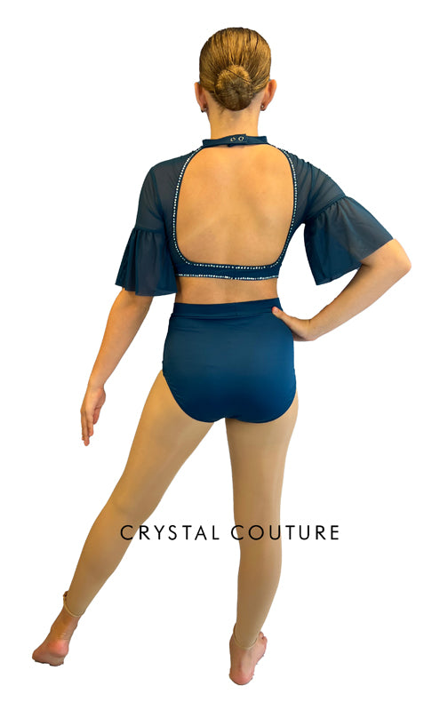 Teal Two Piece with Mesh and Flutter Sleeves - Rhinestones