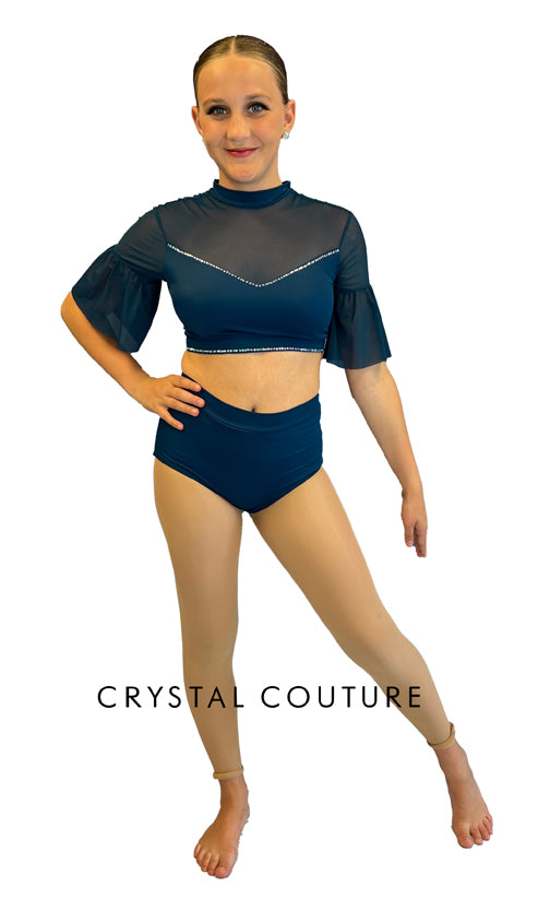 Teal Two Piece with Mesh and Flutter Sleeves - Rhinestones