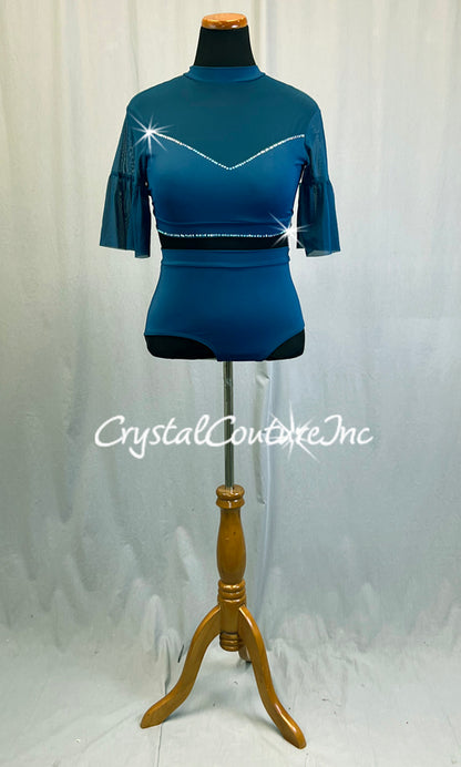 Teal Two Piece with Mesh and Flutter Sleeves - Rhinestones