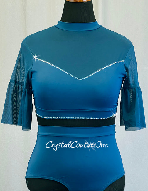 Teal Two Piece with Mesh and Flutter Sleeves - Rhinestones