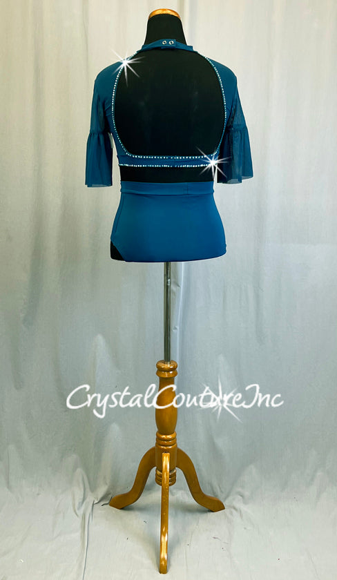 Teal Two Piece with Mesh and Flutter Sleeves - Rhinestones