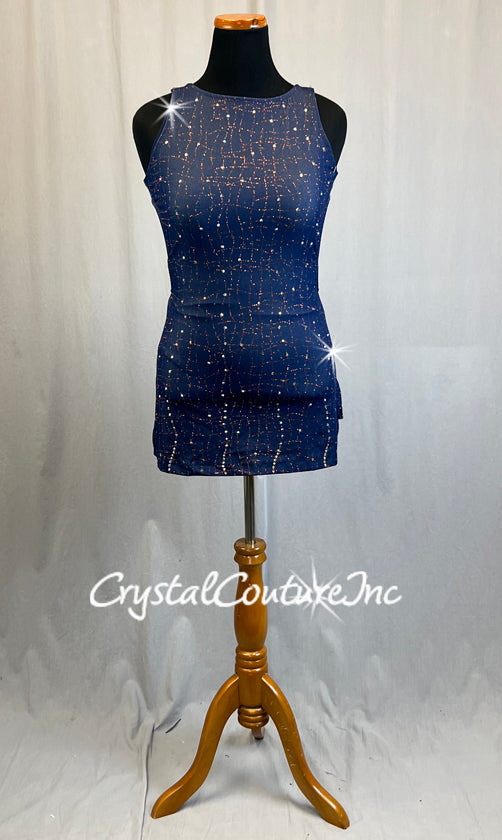Denim High Neck Mini Dress with Bronze Detailing - Rhinestones Crystal Couture Denim High Neck Mini Dress with Bronze Detailing - Rhinestones Crystal Couture