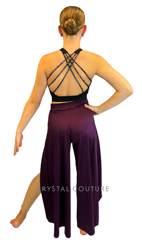 Black Strappy Top with Plum Wide Leg Slit Pants - Rhinestones