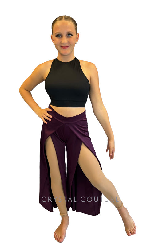 Black Strappy Top with Plum Wide Leg Slit Pants - Rhinestones