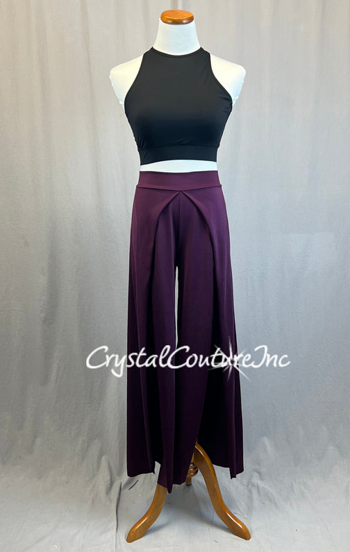 Black Strappy Top with Plum Wide Leg Slit Pants - Rhinestones