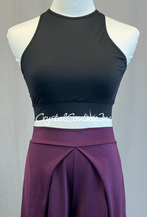 Black Strappy Top with Plum Wide Leg Slit Pants - Rhinestones