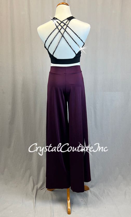 Black Strappy Top with Plum Wide Leg Slit Pants - Rhinestones