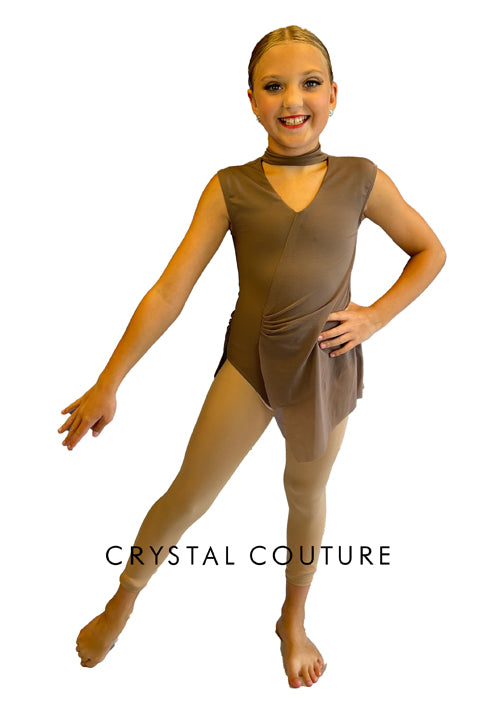 Taupe Cap Sleeve Leo with Ruched Mesh Overlay