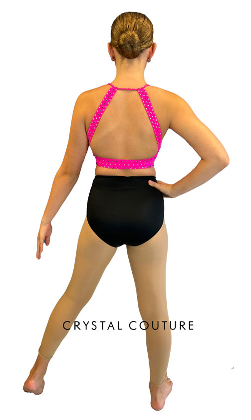 Hot Pink Bra Top with Triangle Back Opening and Black Trunks - Rhinestones