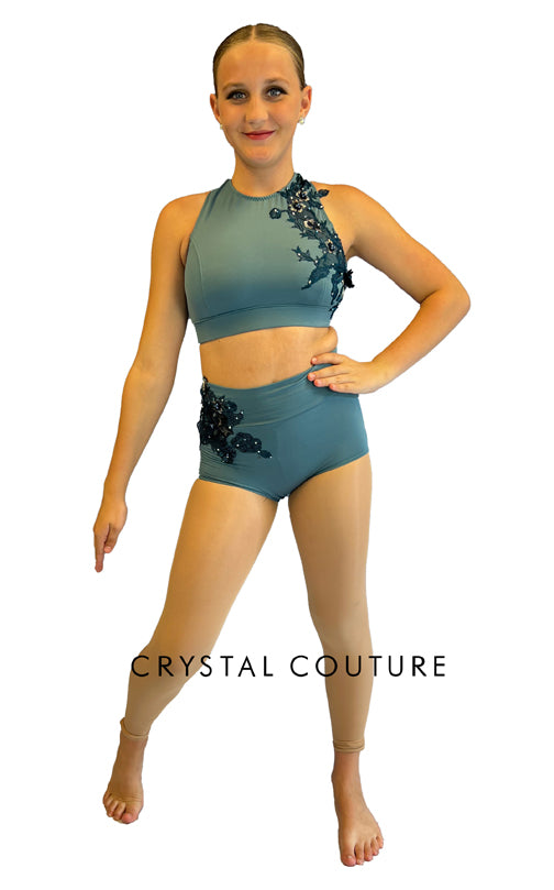 Smoky Teal Strappy Back Top with High Waisted Trunks - Appliques and Rhinestones