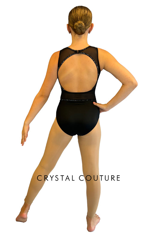 Black Asymmetrical Leotard with Mesh Cutouts and Rhinestones