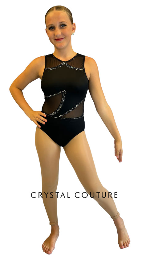 Black Asymmetrical Leotard with Mesh Cutouts and Rhinestones