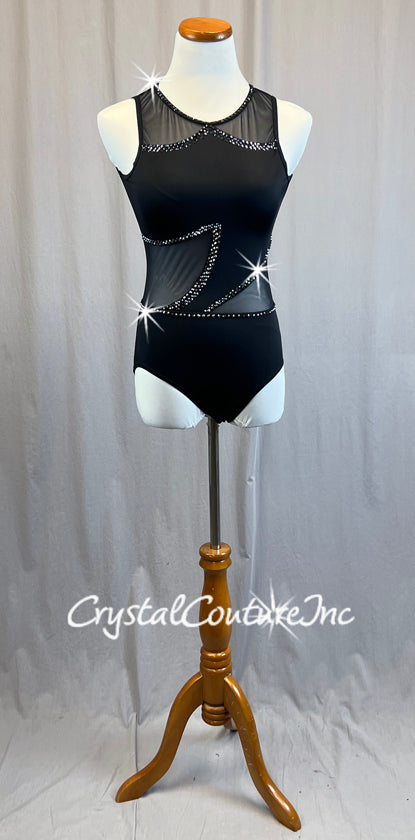 Black Asymmetrical Leotard with Mesh Cutouts and Rhinestones Crystal Couture Black Asymmetrical Leotard with Mesh Cutouts and Rhinestones Crystal Couture