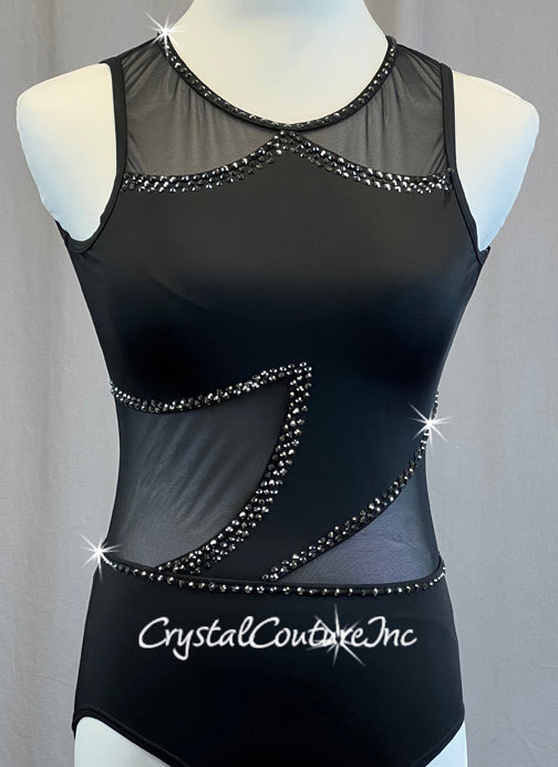 Black Asymmetrical Leotard with Mesh Cutouts and Rhinestones
