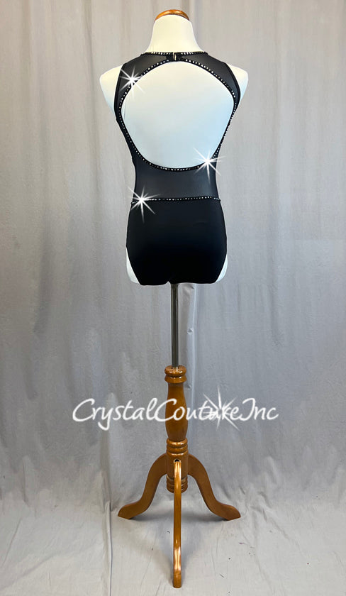 Black Asymmetrical Leotard with Mesh Cutouts and Rhinestones