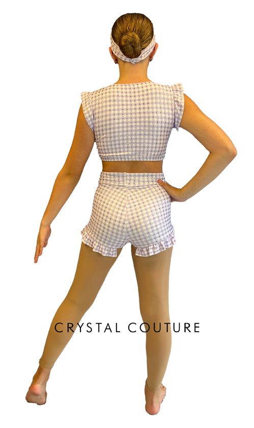 Lavender and White Checkered Tie Front Top with Ruffle Shorts - Rhinestones