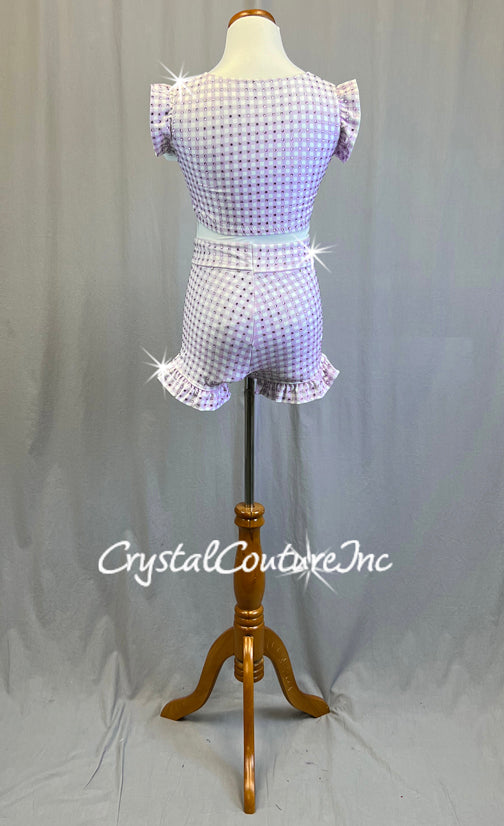 Lavender and White Checkered Tie Front Top with Ruffle Shorts - Rhinestones