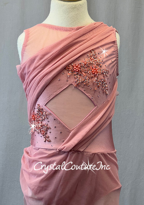 Custom Blush Pink Leotard with Mesh Draping and Asymmetrical Skirt - Rhinestones and Appliques