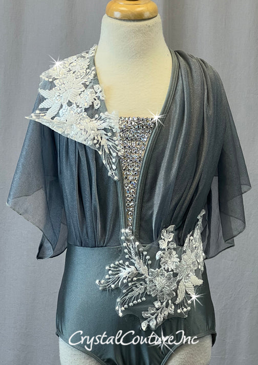 Gray Leotard with Shimmer Mesh Overlay and Flutter Sleeve - Rhinestones and Appliques