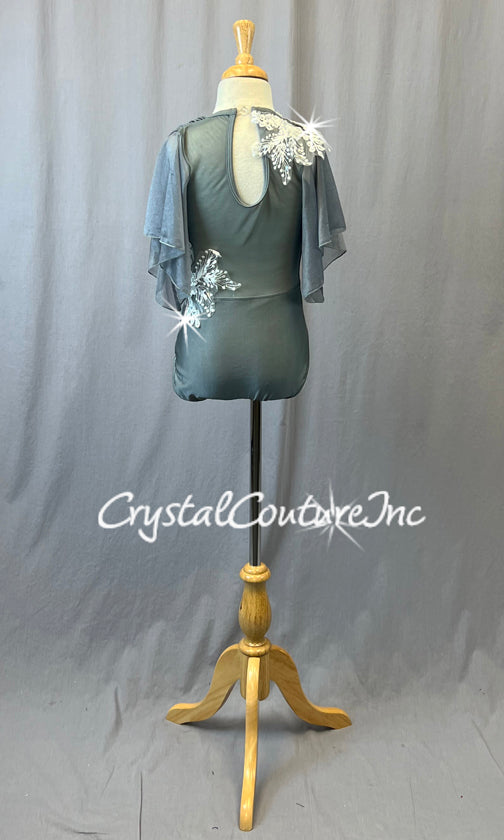 Gray Leotard with Shimmer Mesh Overlay and Flutter Sleeve - Rhinestones and Appliques